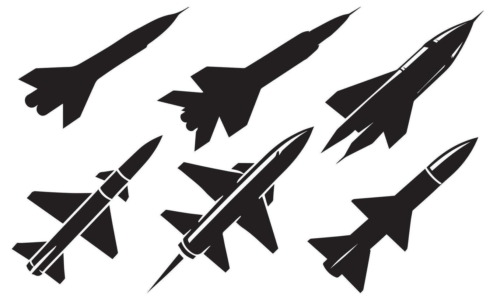 Six Silhouettes of Missiles in Flight Set, War Plane vector