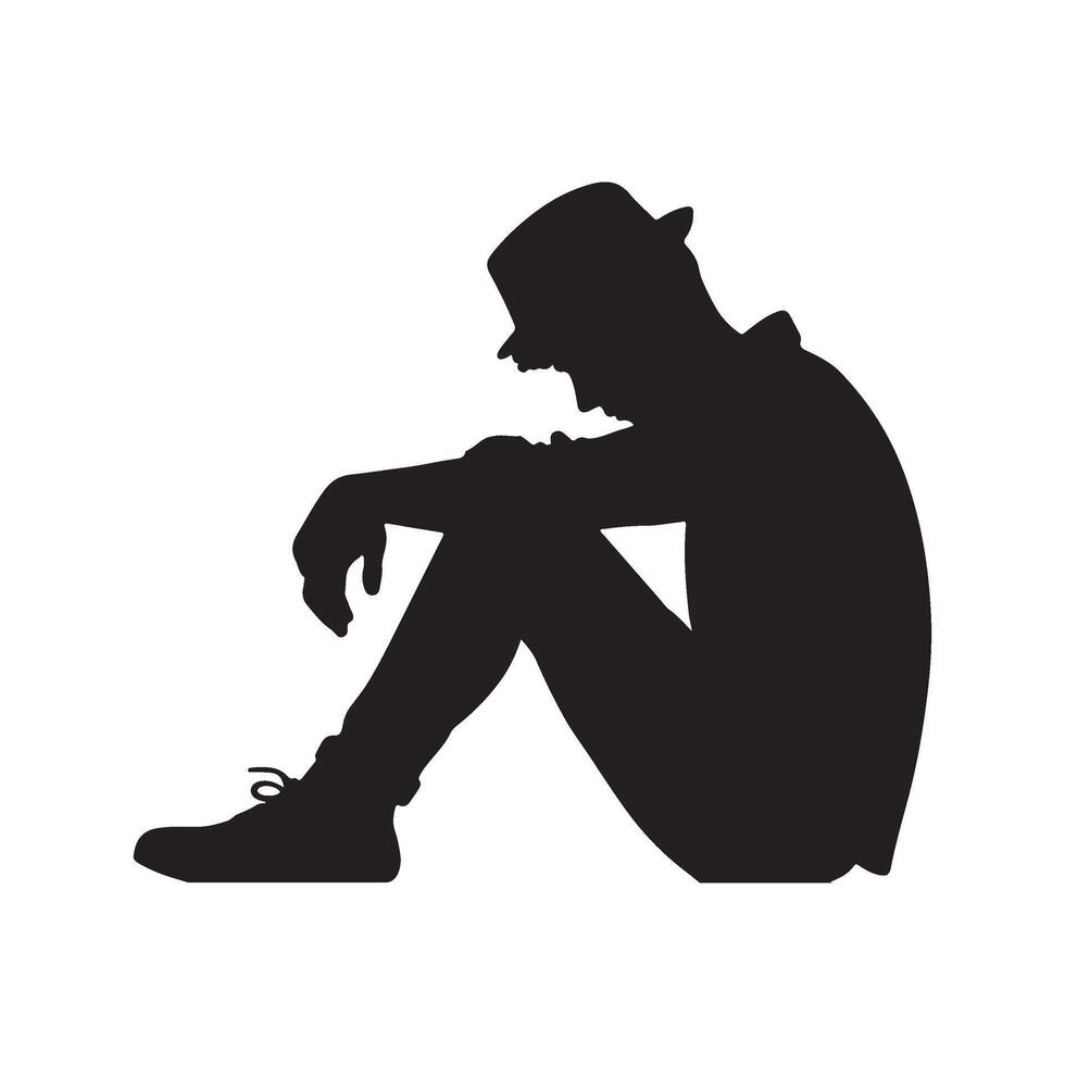sad millennial with fedora hat sitting, black silhouette isolated on white background vector