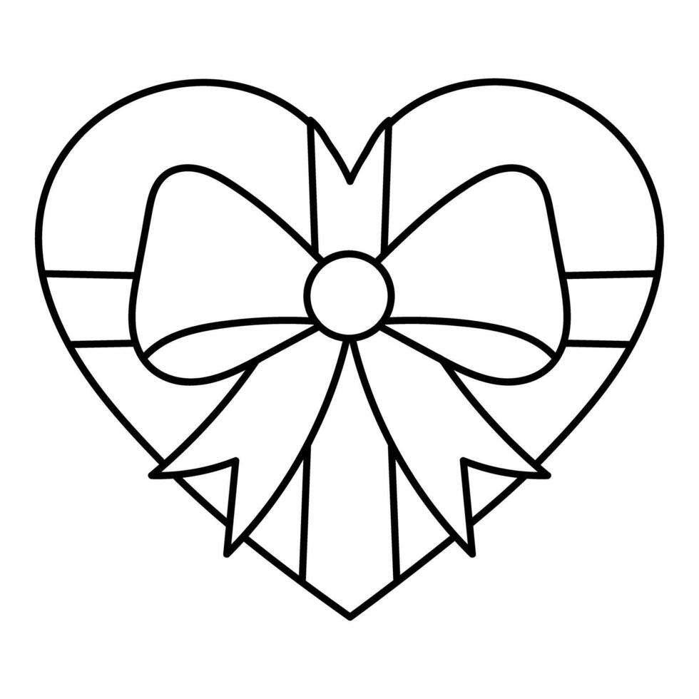 Heart shaped gift box with bow black line icon isolated on transparent background vector