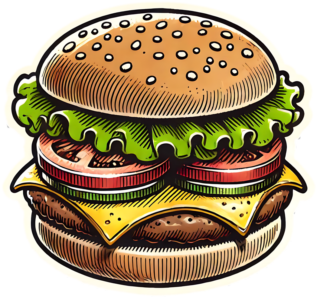 A hamburger sticker with a cheese and tomato png
