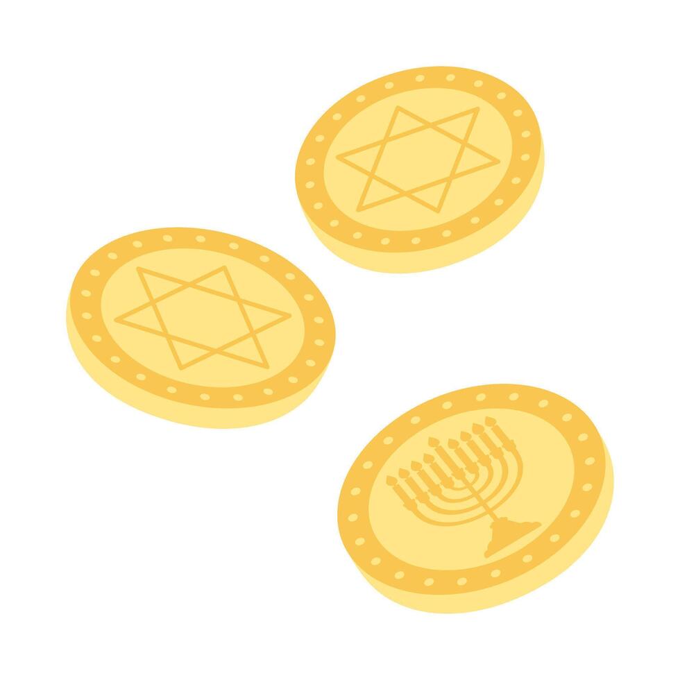 Three gold coins with a star of David on them. The coins are arranged in a triangle vector