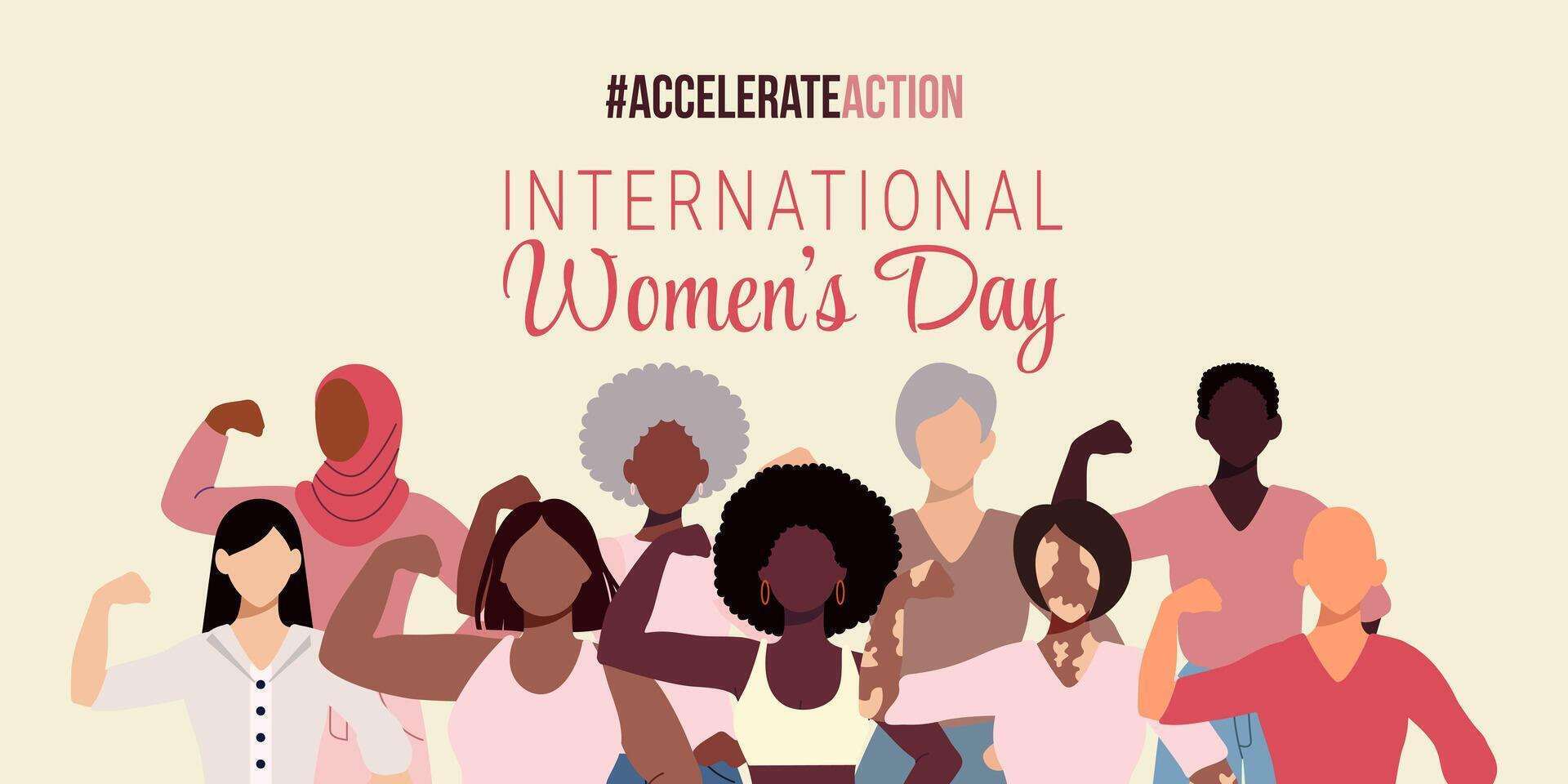 A poster for International Women's Day featuring a group of people with the slogan accelerateaction vector