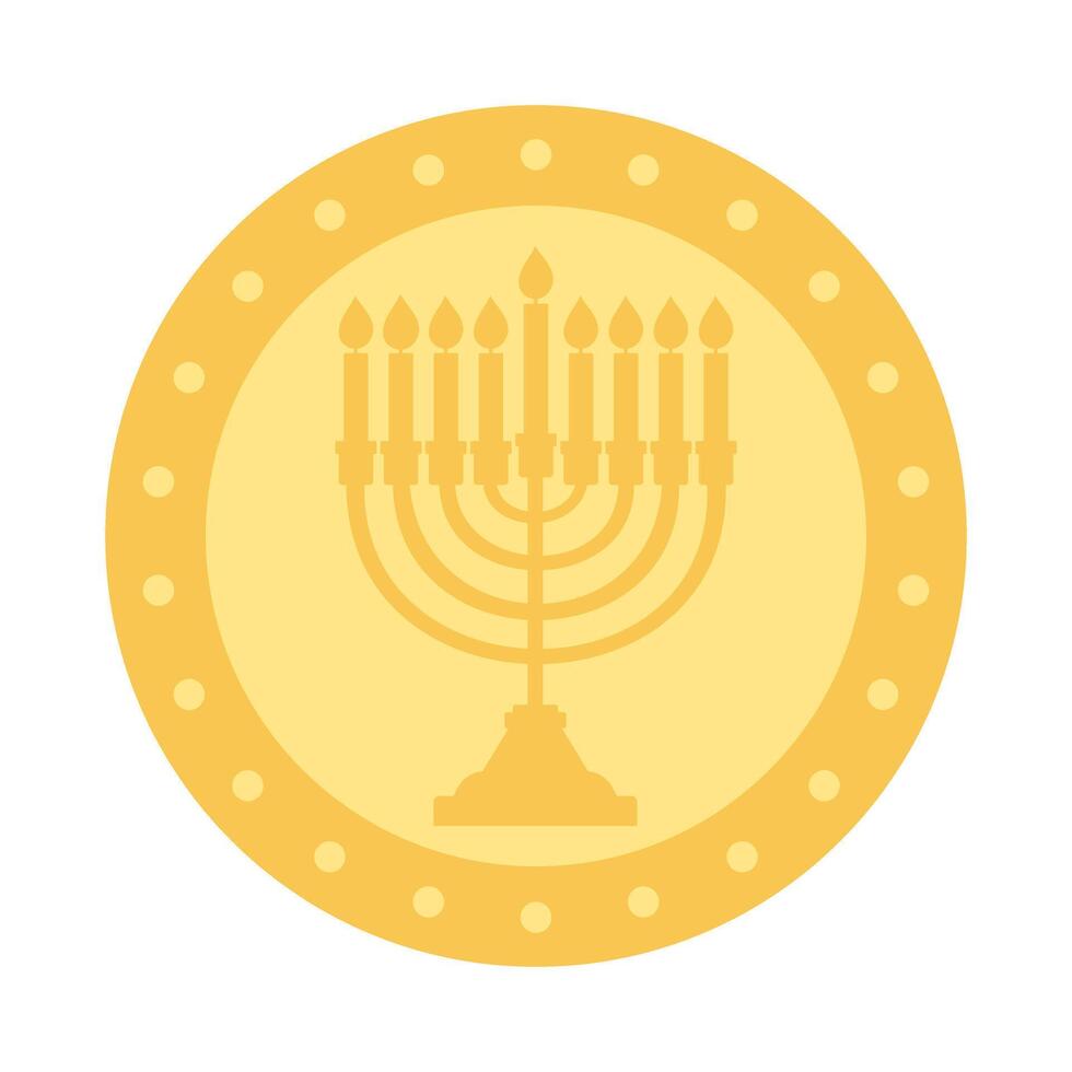 A gold coin with a menorah on it. The menorah is lit with candles. The coin is circular and has a gold color vector