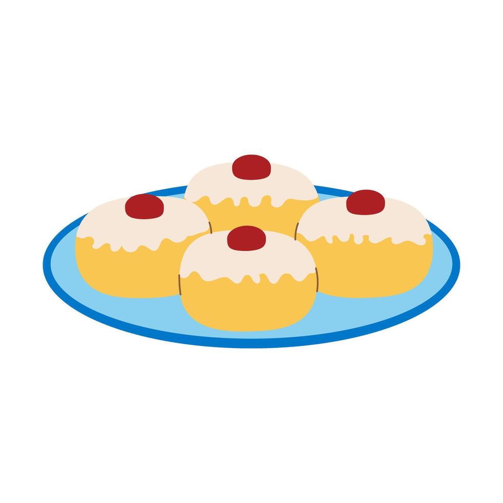 A plate of four donuts with a cherry on top. The plate is blue and white. The donuts are yellow and have a frosting on top vector