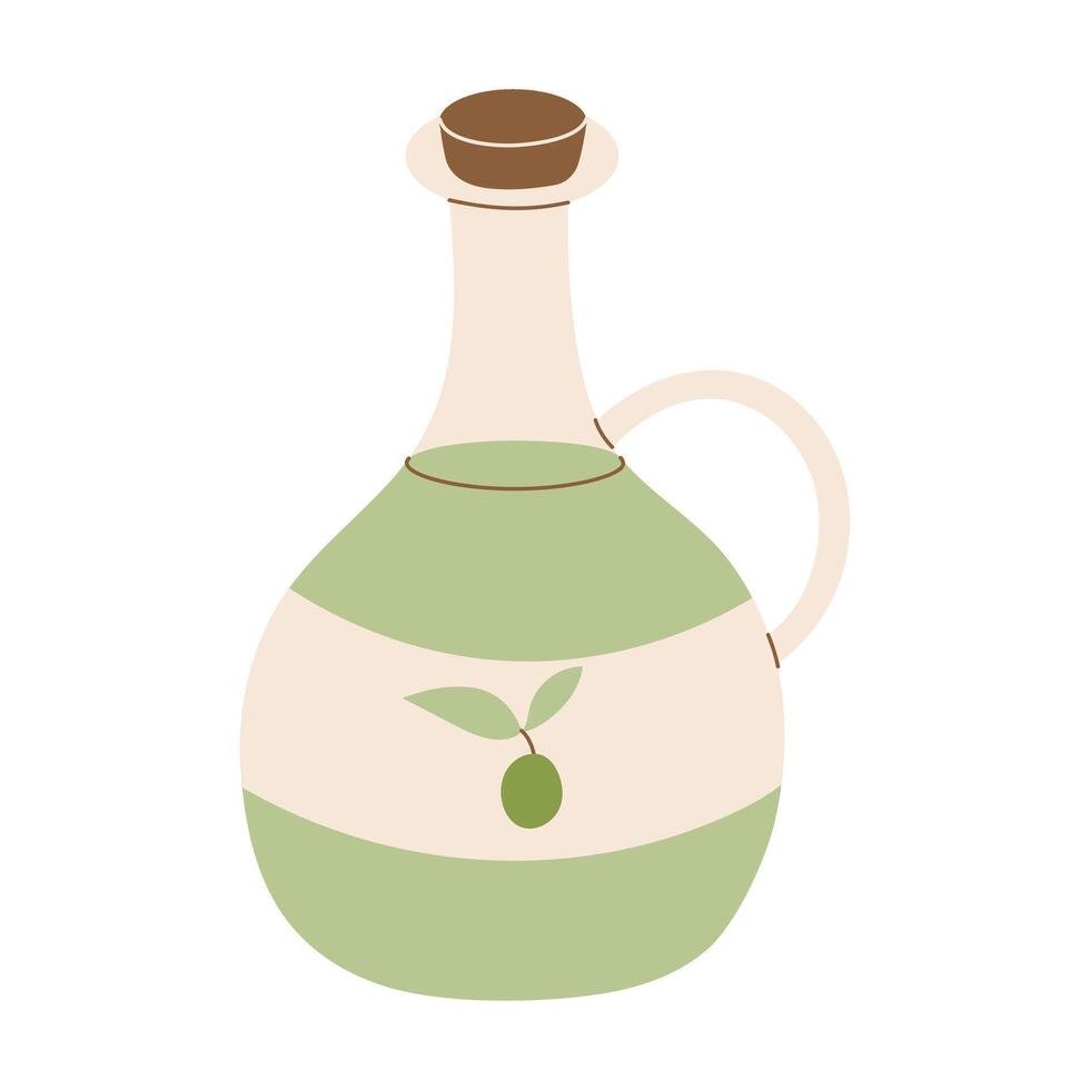 A green bottle with a cork stopper and a leaf on it. The bottle is filled with olive oil vector