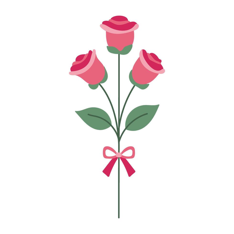 A bouquet of three red roses with a pink ribbon tied around the stem. The roses are arranged in a way that they are all facing the same direction, giving the impression of a single flower vector