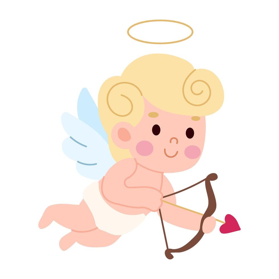 A cartoonish angelic figure with a bow and arrow is flying through the air. The image has a playful and whimsical mood, with the angelic figure being a symbol of love and romance vector
