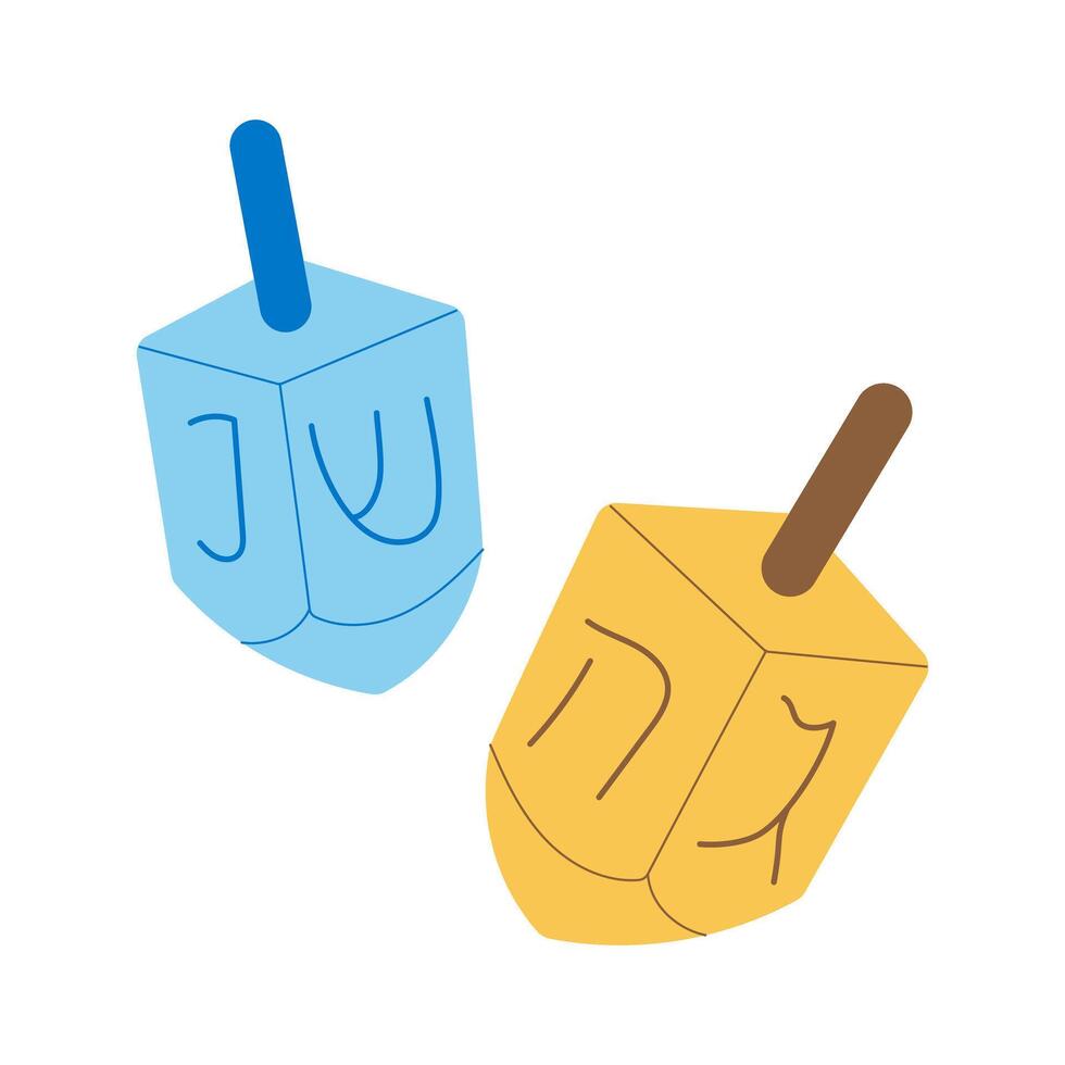Two blue and yellow dreidels with Hebrew letters on them vector