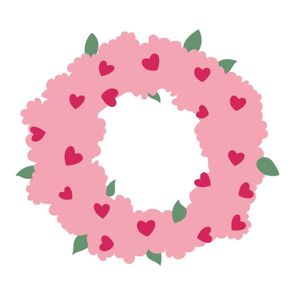 A pink flower wreath with hearts on it. The wreath is made of pink flowers and leaves vector