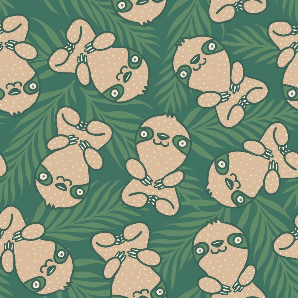 Seamless tropical pattern with cute sloth. Pattern with sloth and tropical plants. Slothes and exotic plants. vector