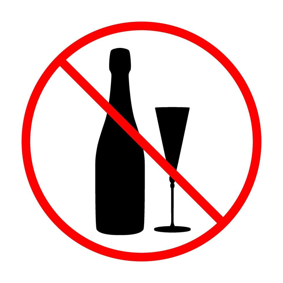Prohibited alcohol consumption sign. illustration of bottle of champagne and glass with red prohibition circle and slash, symbolizing no drinking allowed vector
