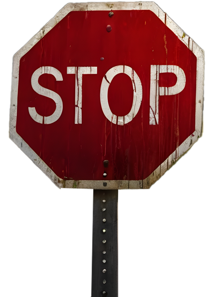 A stop sign board on a rural road with scratches and weathered texture. png