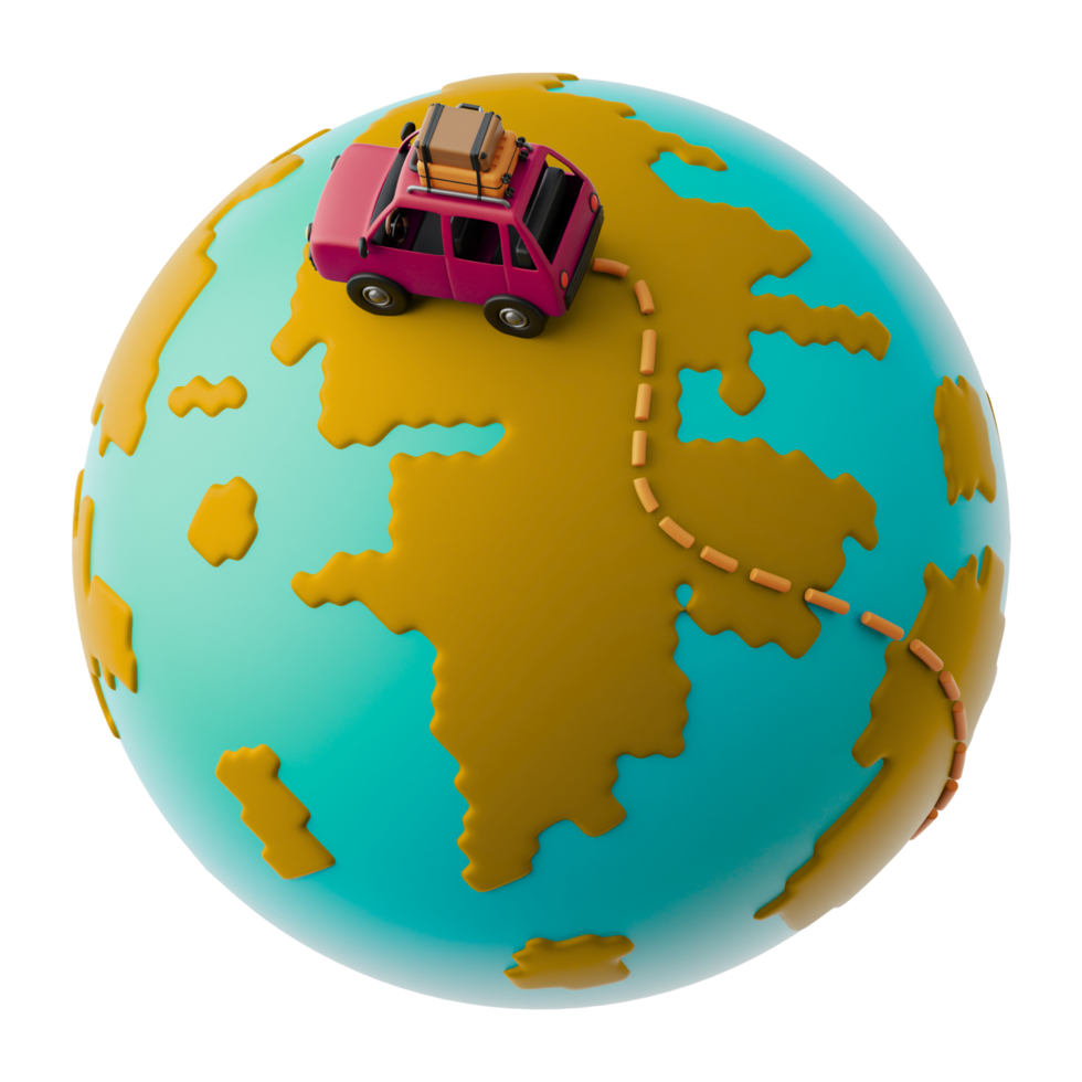 A car is driving around the globe with a suitcase png