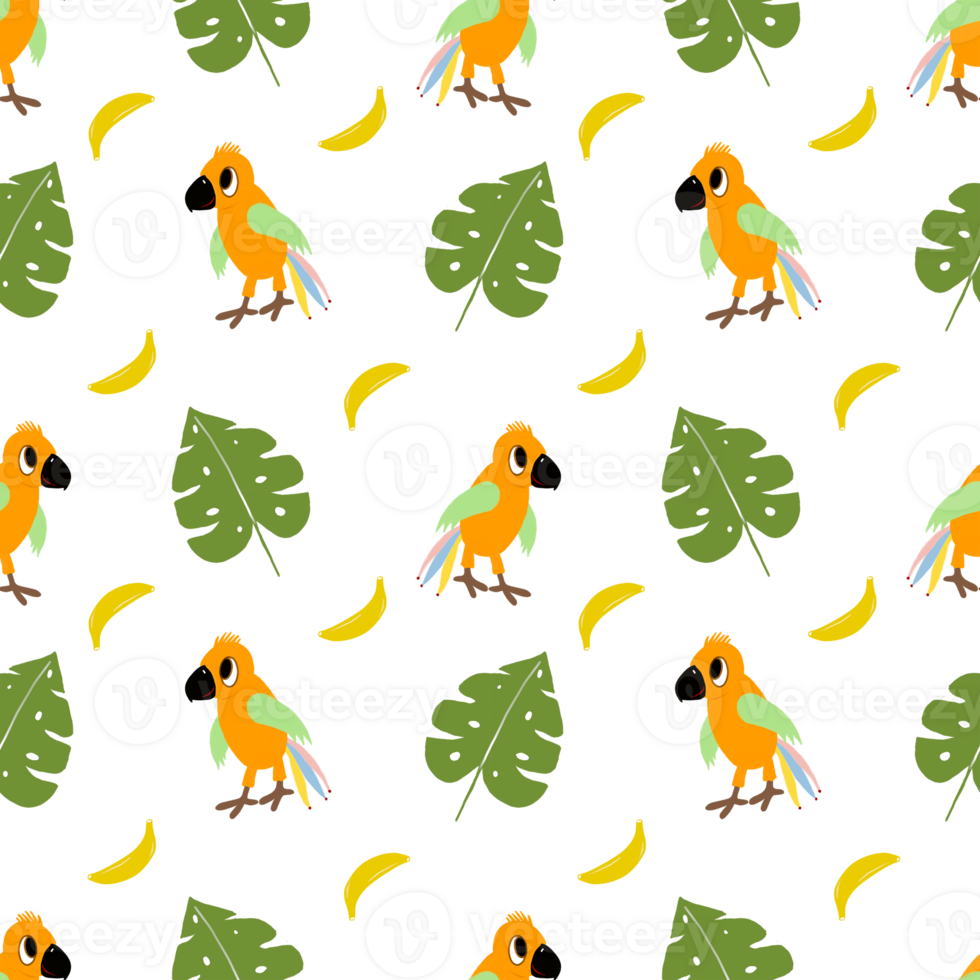 Pattern seamless wtih parrot, leaves, bananas. For children, fabric, wallpaper, for boys and girls png