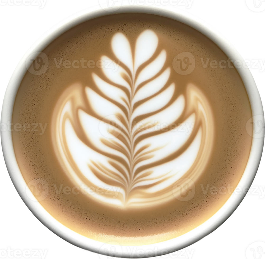 a cup of coffee with a leaf design in the center png