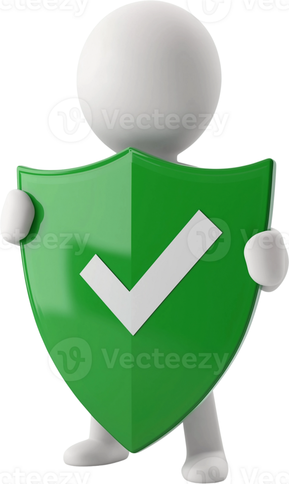 3d person holding a green shield with a tick mark on it png