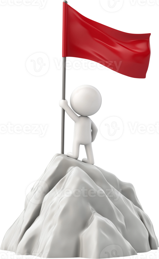 3d man holding red flag on top of mountain png