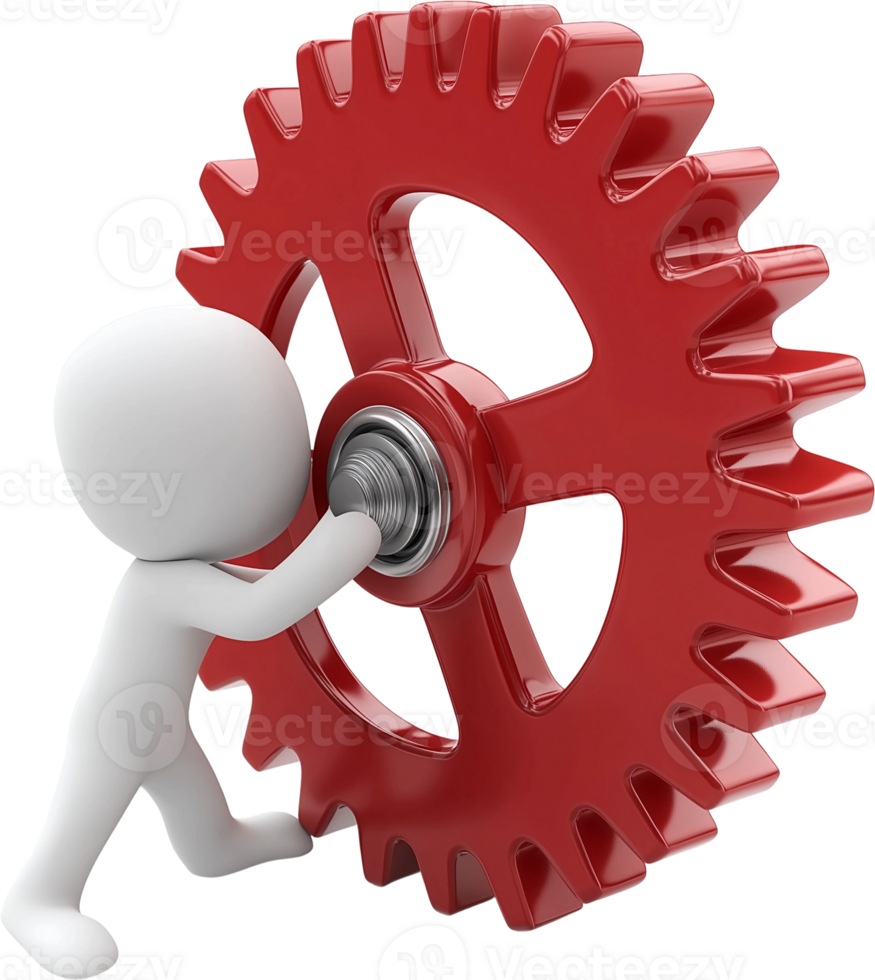 3d character pushing a red gear wheel png