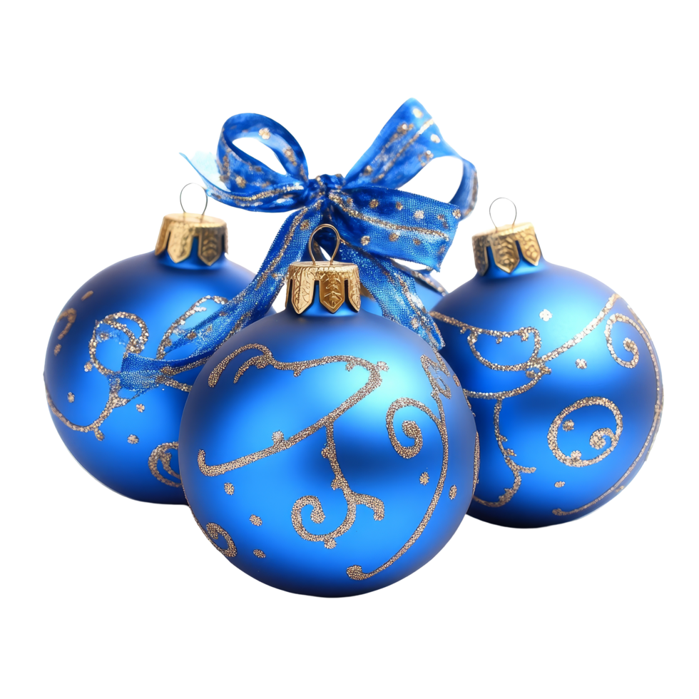 Elegant blue Christmas balls tied with a ribbon for festive decoration on a bright backdrop, blue christmas balls with ribbon decoration isolated transparent background png