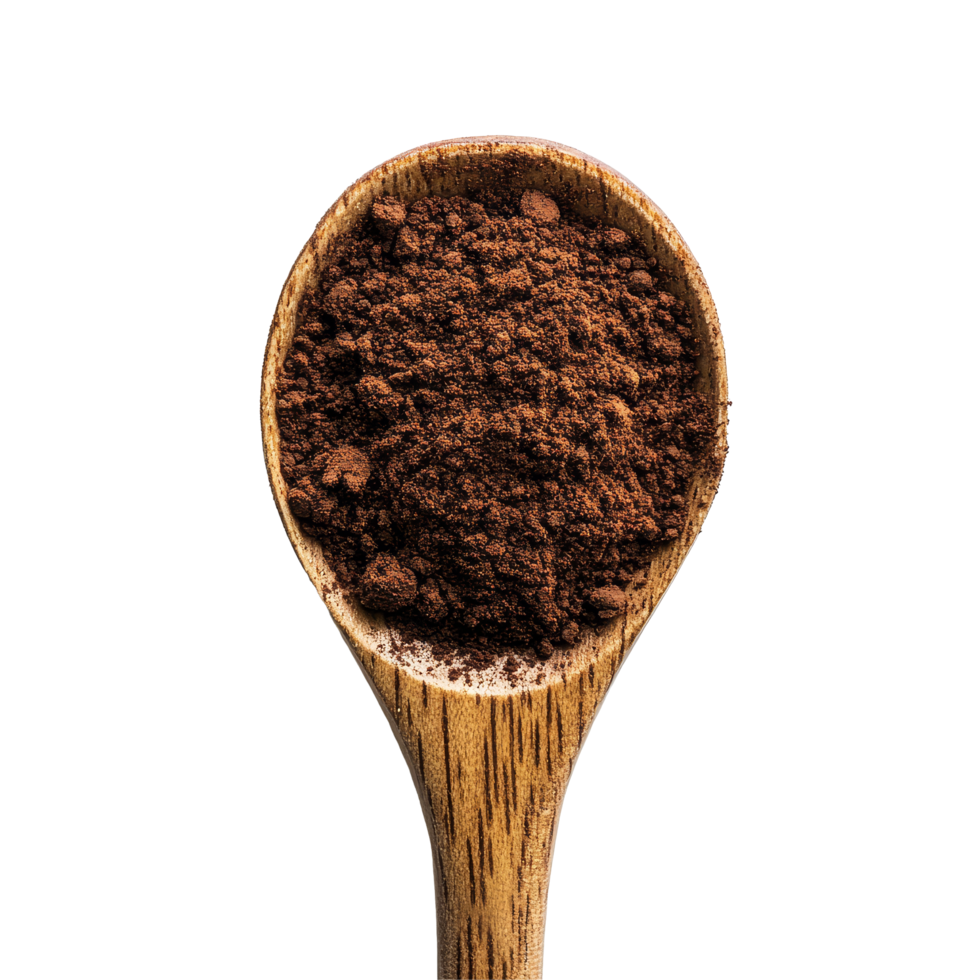 Coffee powder in a wooden spoon against a transparent background, showcasing rich texture and color, coffee powder in wood spoon on transparent background png