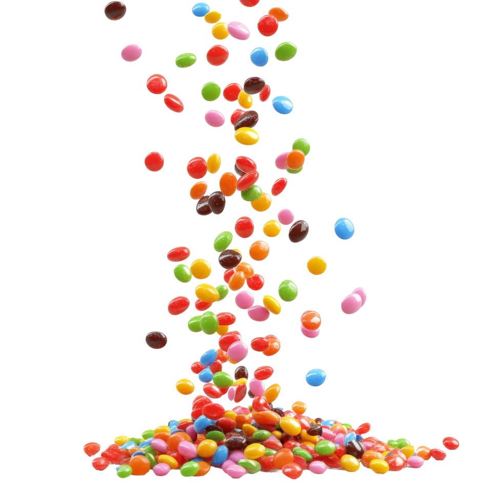 Colorful candies falling and scattering on a transparent background creating a vibrant display, falling candies isolated on transparent background png