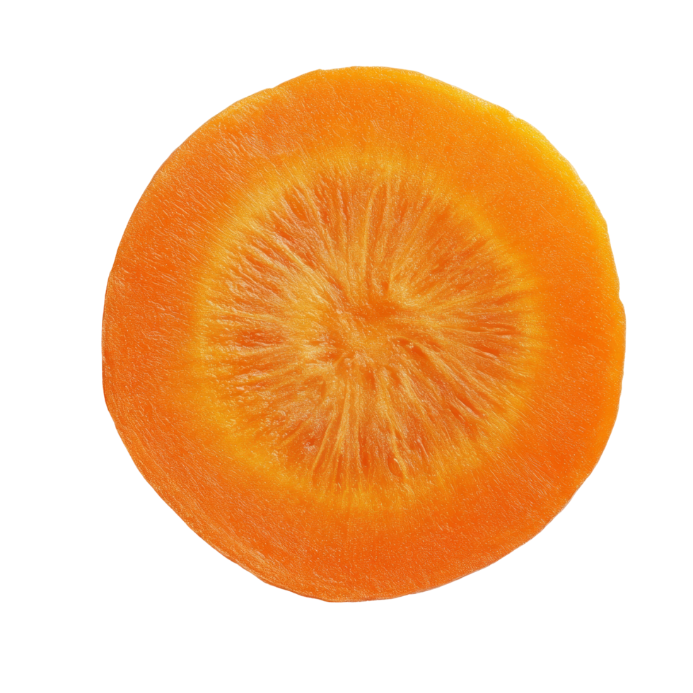 A fresh carrot slice isolated on a transparent background showcasing vibrant color and texture details, Carrot slice top view isolated on transparent background png