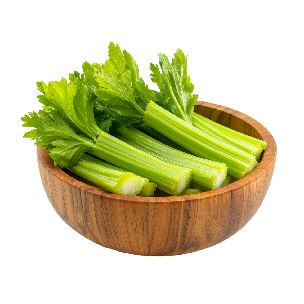 Fresh green celery sticks arranged in a wooden bowl on a transparent background for culinary presentations or healthy meal ideas, Celery in wood bowl isolated on transparent background png