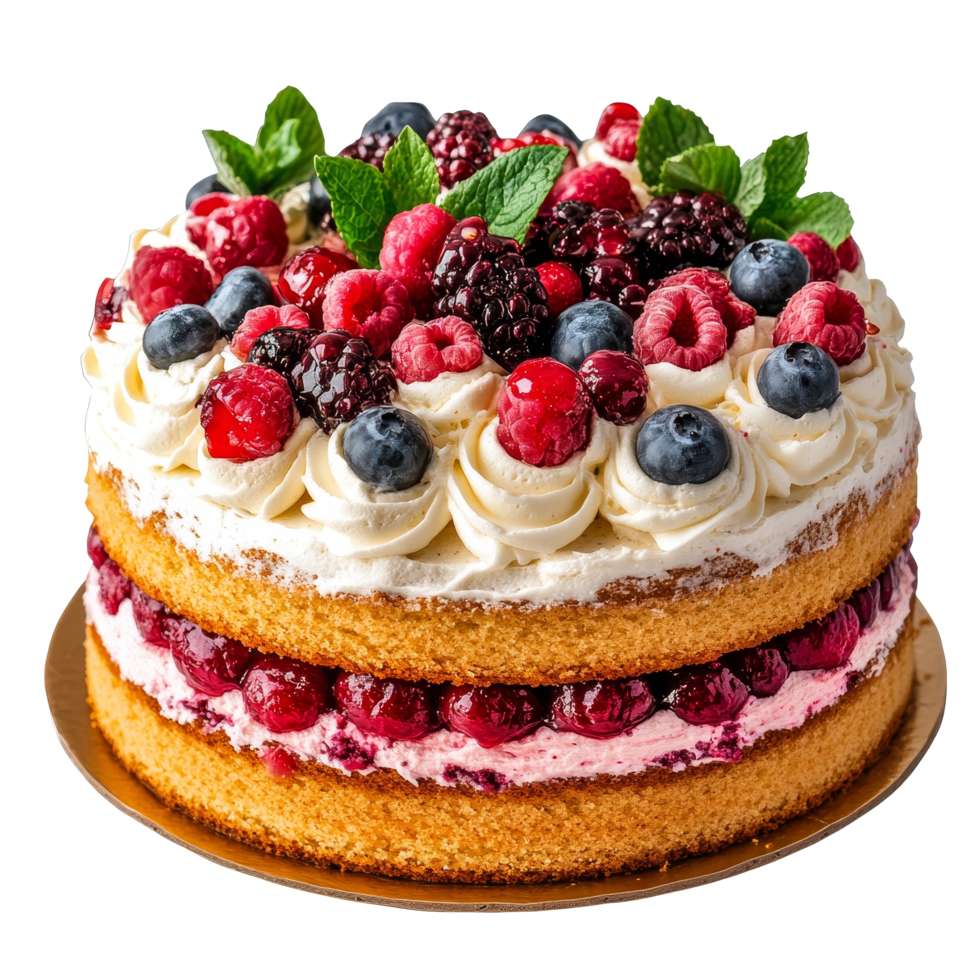 Delicious sponge cake with butter cream and mixed berries perfect for celebrations and special occasions, Sponge cake with butter cream isolated png