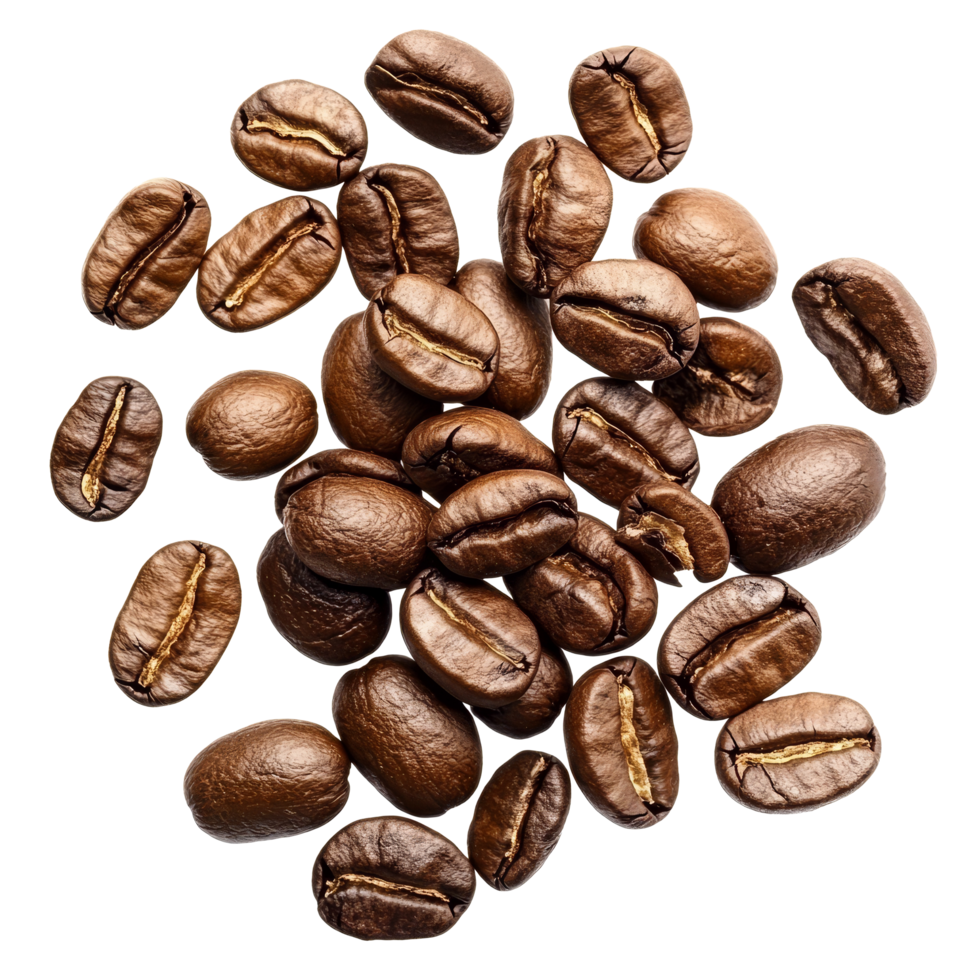 Roasted coffee beans scattered on transparent surface highlighting their rich color and texture, Roasted coffee beans isolated on ransparent png