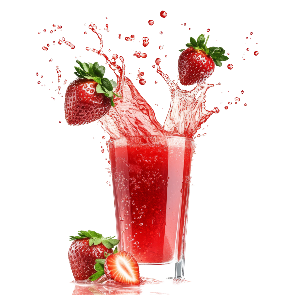 Fresh strawberry juice splashes dramatically with whole strawberries surrounding a glass on a bright background, Strawberry juice splashing with its fruits isolated png