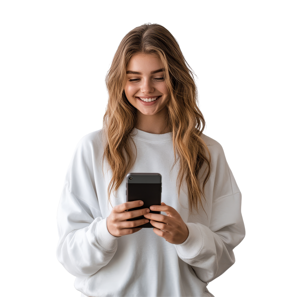 Young woman smiling while chatting on her smartphone in a casual setting wearing a comfortable sweater, Young woman chatting with her smartphone file no background png