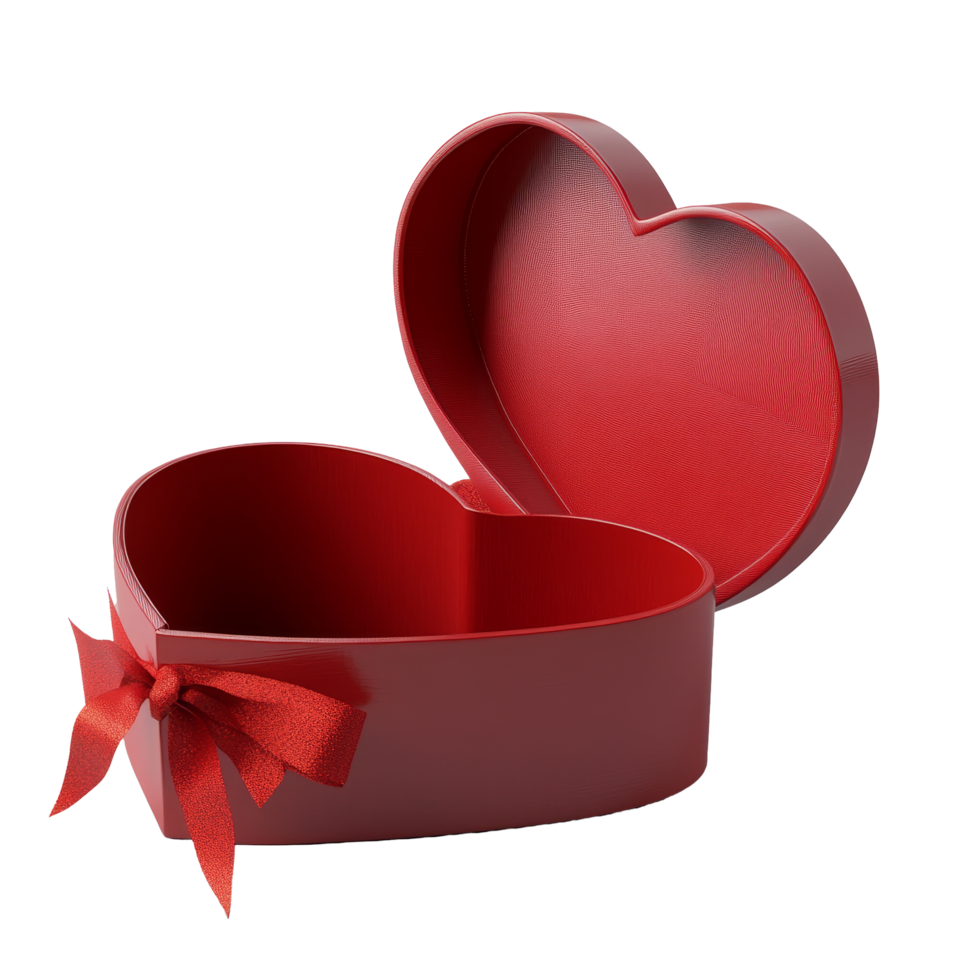 Open red heart shaped gift box with a ribbon, perfect for expressing love and affection on special occasions, Red heart shape open gift box png