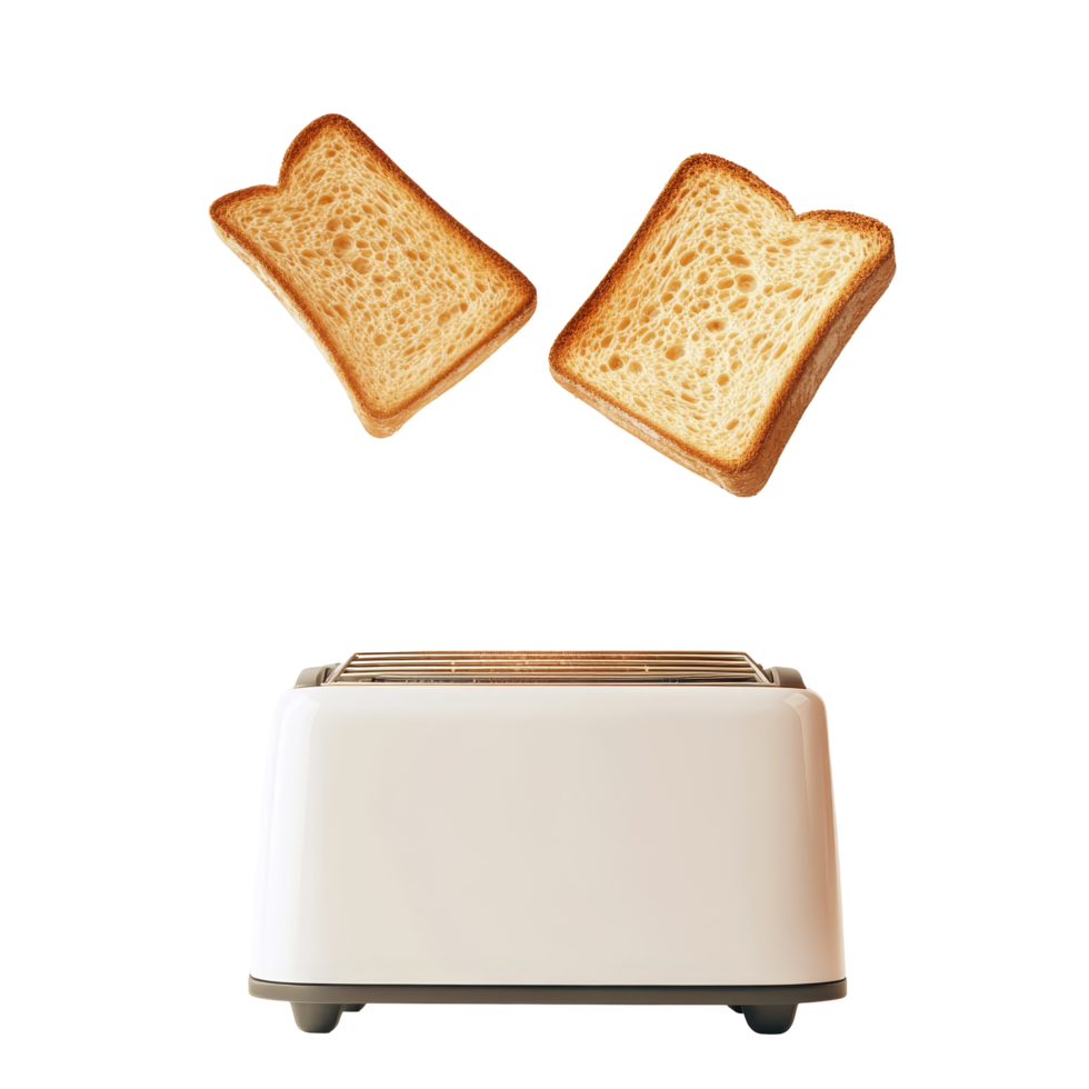 Golden brown toast rising from a vintage toaster in a cozy kitchen setting with a light background, Roasted toast bread popping up of vintage toaster on a transparent backgroun. png