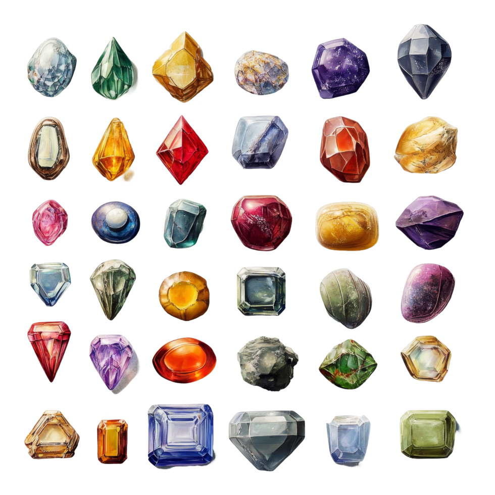This display features a diverse assortment of gemstones, each exhibiting unique colors and shapes, Gemstones transparent background png