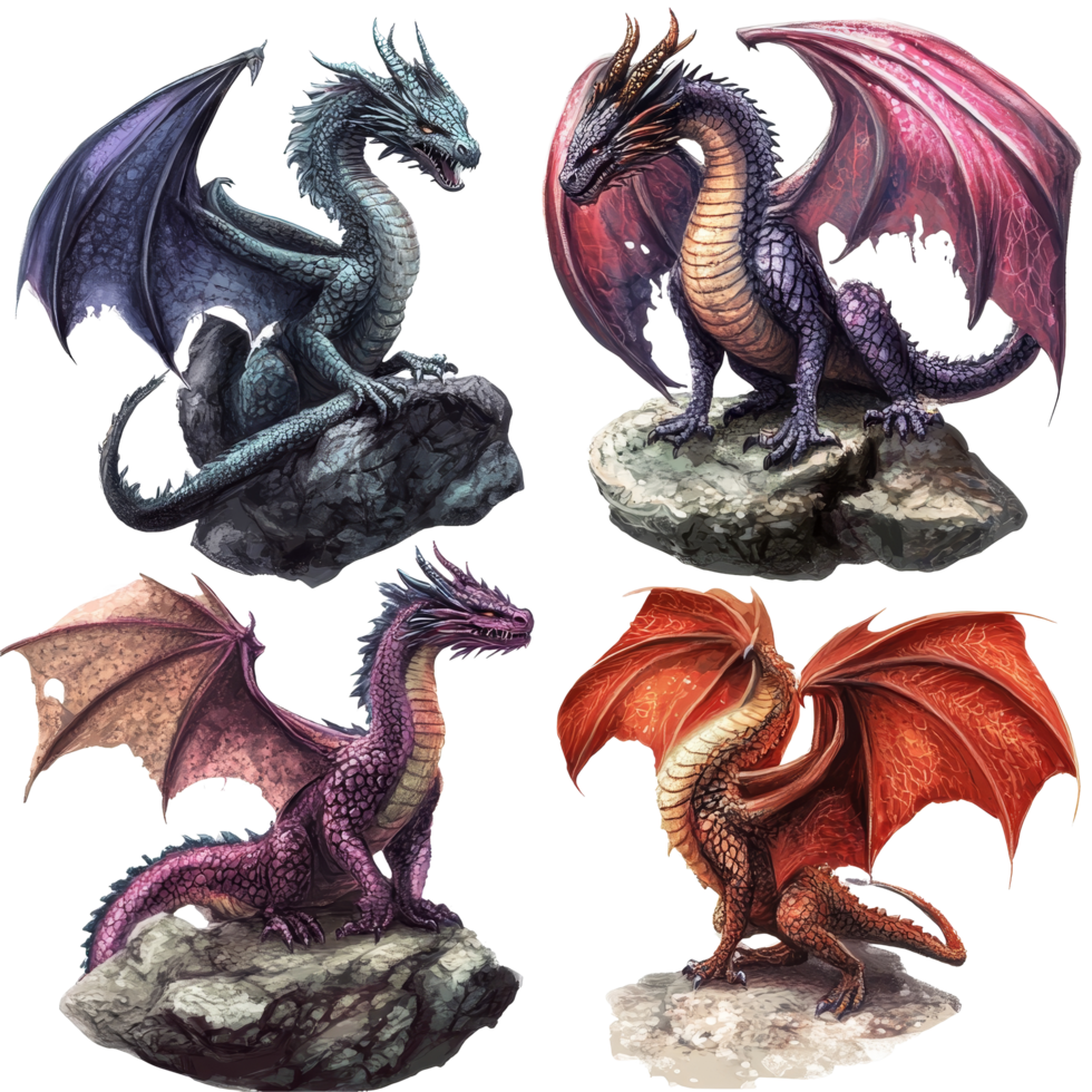 Four distinct fantasy dragons are displayed, each striking a unique pose atop rocks, Fantasy Dragons Isolated on transparent background png