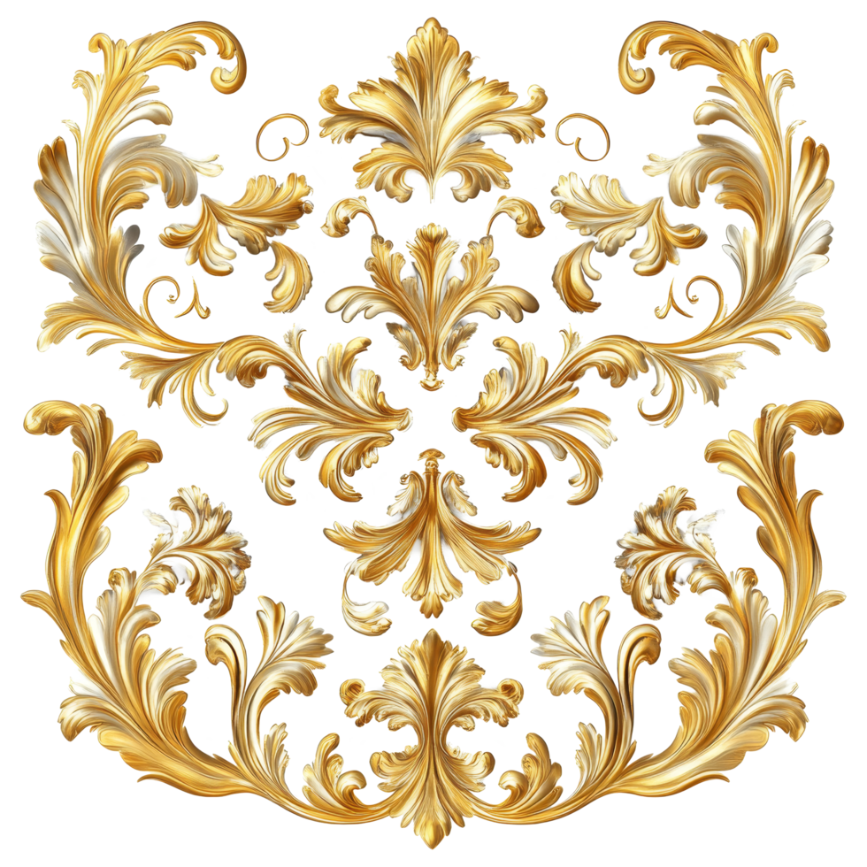 Ornate golden baroque design elements intricately patterning a transparent background for elegant decor, Golden baroque ornament elements on transparent background png