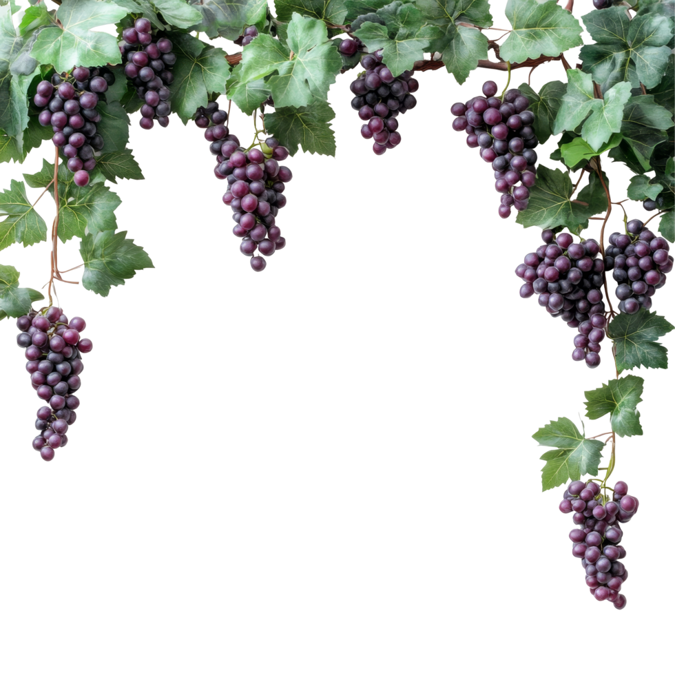 A cluster of ripe grapes and lush green leaves gracefully hanging against a neutral background, grapes branch and leaves hanging top with copy space transparent background png