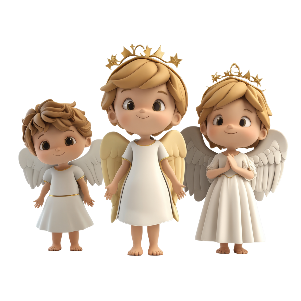 Cartoon angel characters with wings and crowns on a transparent background in a playful setting, 3D Cartoon Angel Characters on transparent background png