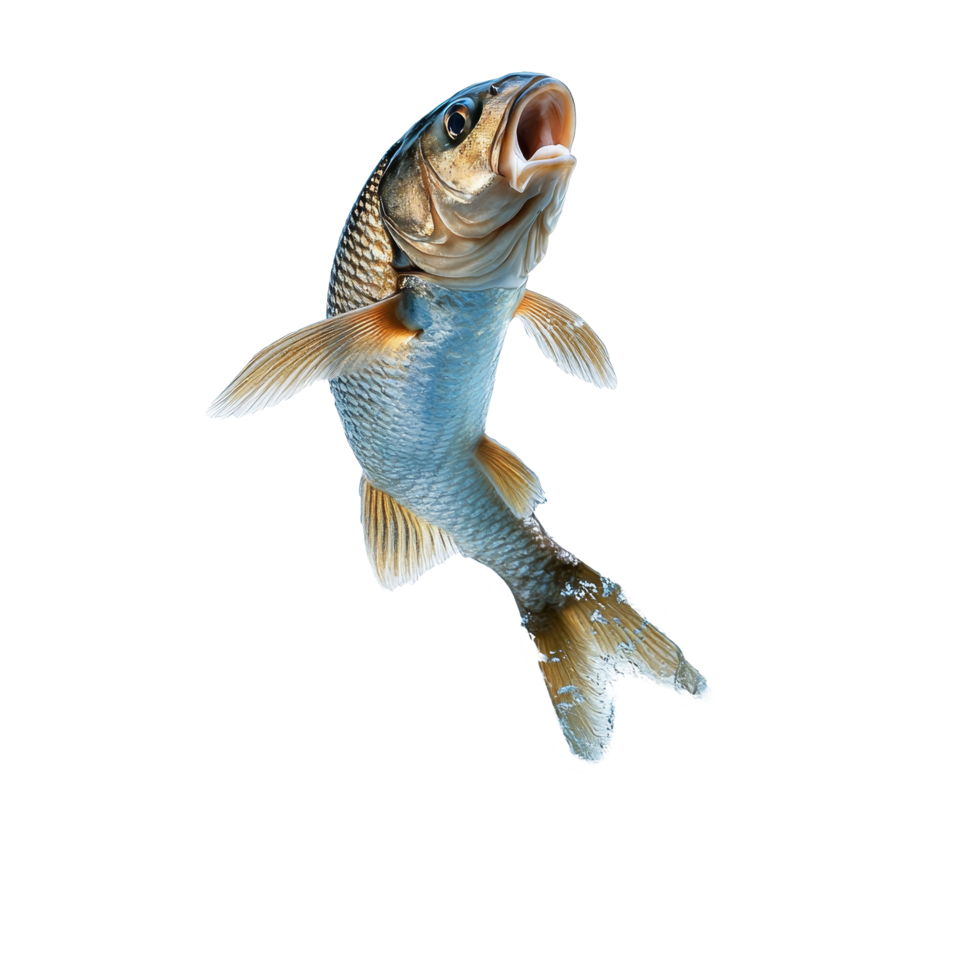 Dynamic fish leaping out of crystal clear water, showcasing vibrant movement under bright sunlight, Dynamic Fish Leaping Out of Water High Resolutionisolated on transparent background png