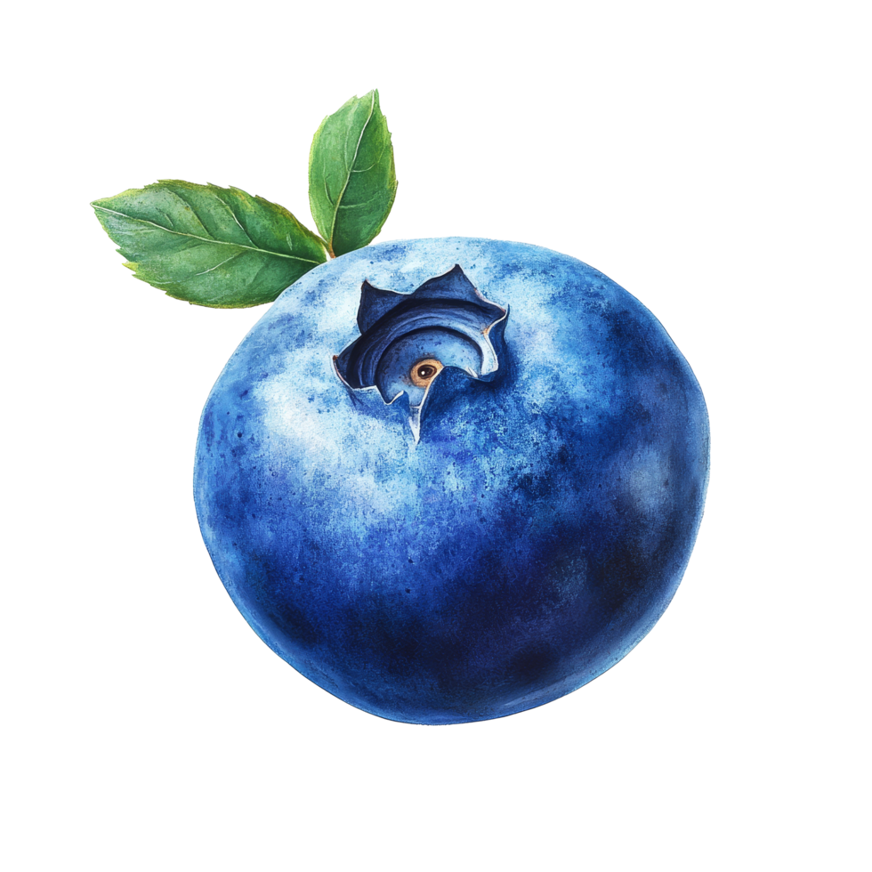 A single, ripe blueberry with a bright blue hue and a green leaf rests on a clean transparent background, blueberry isolated on transparent background png