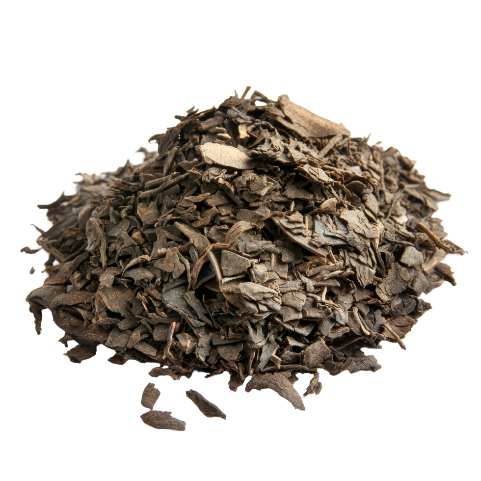 Dried tea leaves piled on a transparent surface, showcasing natural texture and color variations in herbal tea preparations, dry tea isolated on transparent background png
