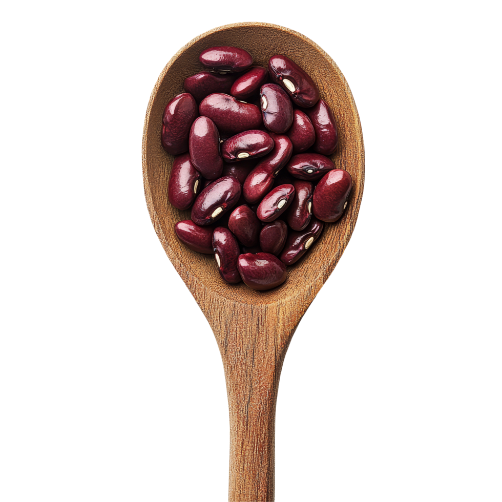 Red beans in a wooden spoon displayed against a clean transparent background for culinary and healthy eating themes, Red beans in wooden spoon isolated on transparent background png