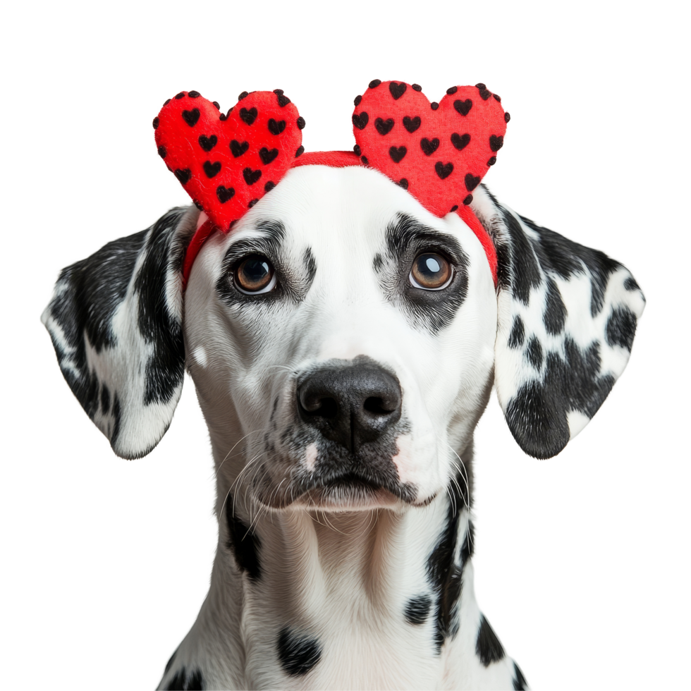 A adorable Dalmatian dog wearing a heart shaped headband against a soft transparent background to celebrate love and affection, Cute Dalmatian Dog with Heart Headband on transparent background png