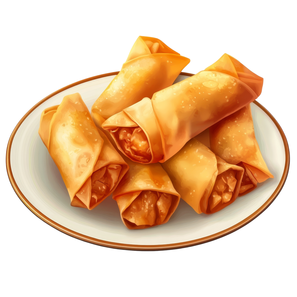 Delicious fried Chinese traditional spring rolls served on a plate in a cozy dining setting, Fried Chinese Traditional Spring rolls food on transparent background png