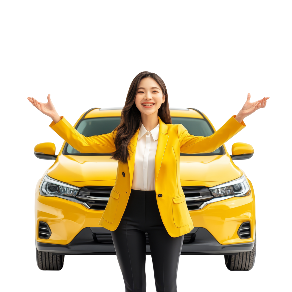 A joyful young Asian businesswoman in a yellow suit welcomes you in front of a bright yellow car, Happy young Asian business look woman shows yellow mock up car with OK hand sign png