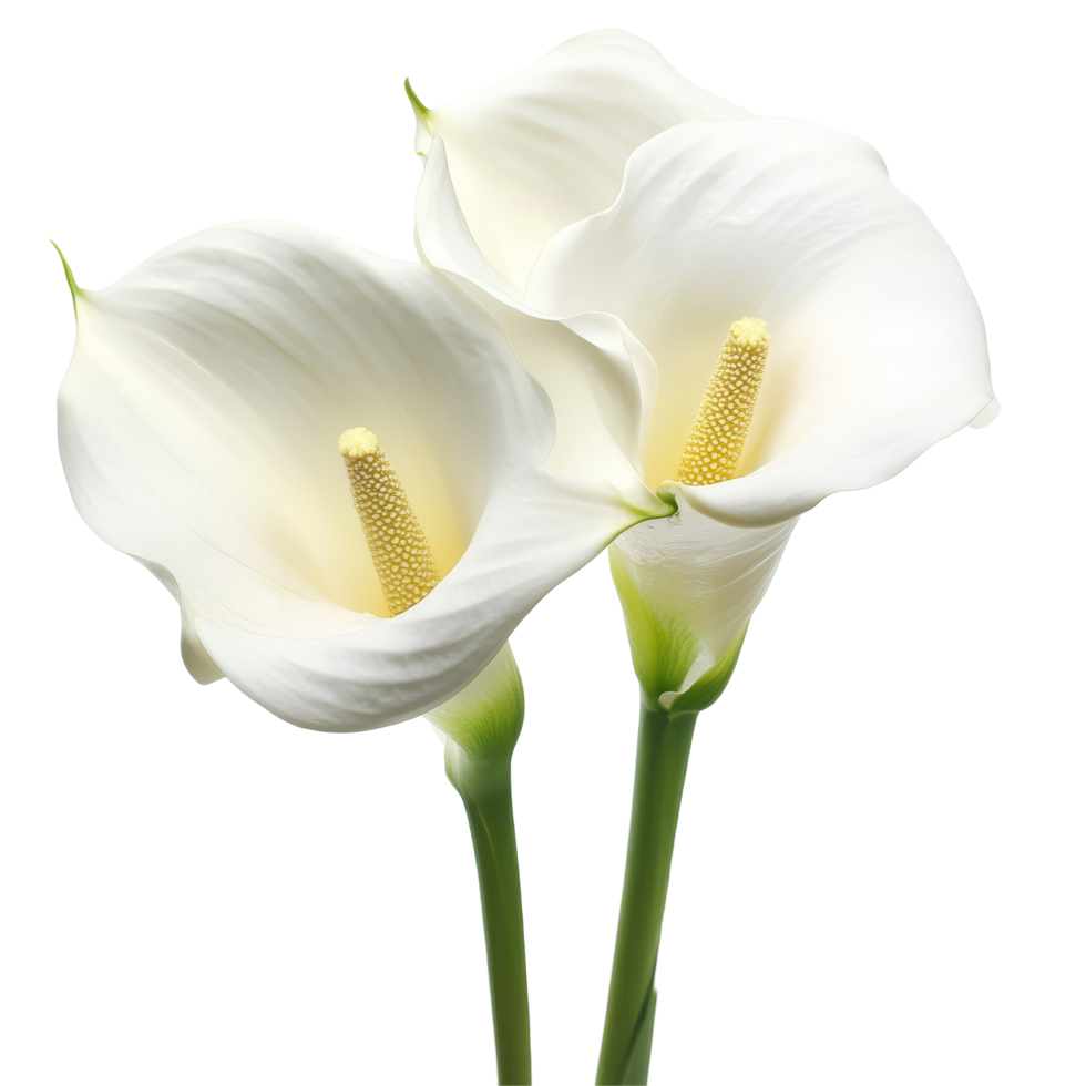 Elegant calla lilies arranged beautifully against a transparent background for a serene and fresh look, Calla Lilies flowers isolated on transparent background cutout png