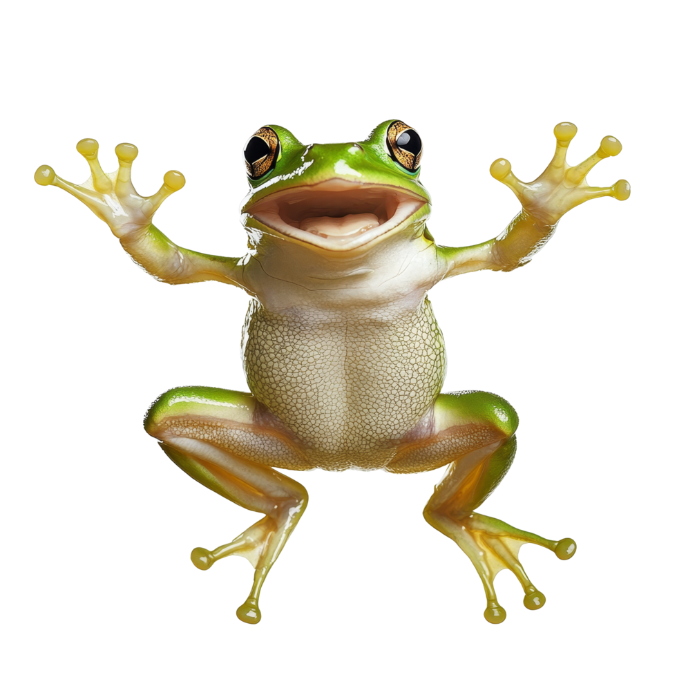 A joyful green frog leaps energetically against a pure transparent background showcasing its vibrant color and lively spirit, happy jumping green frog isolated on transparent background png