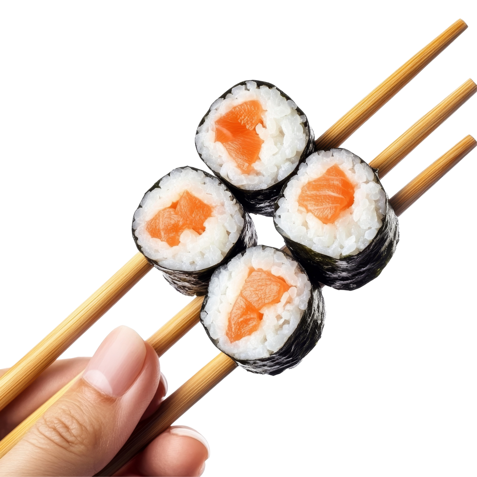 A hand uses chopsticks to pick up delicious maki roll sushi with fresh salmon filling, Hand with chopsticks eating maki roll, sushi with rice and salmon, isolated on transparent png
