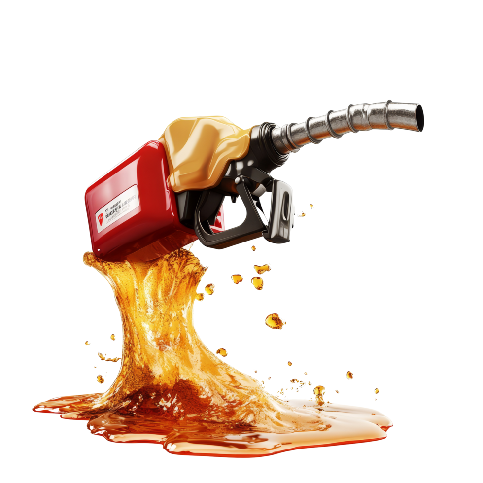Gasoline pouring from a pump with vibrant liquid splashing onto a transparent background during daylight, Gasoline gushing out from pump isolated on transparent background png