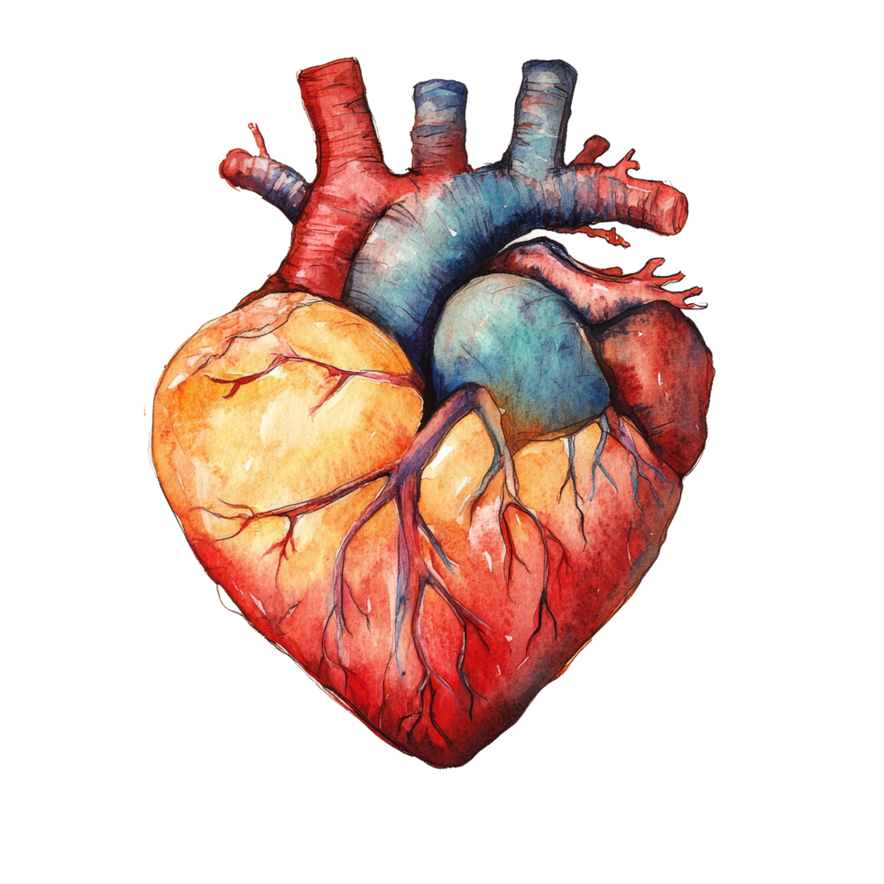 Delicate watercolor heart illustration showcasing intricate details of human anatomy in a vibrant and artistic manner, Heart Illustration Delicate and Expressive, Perfect for Artistic Decor. png